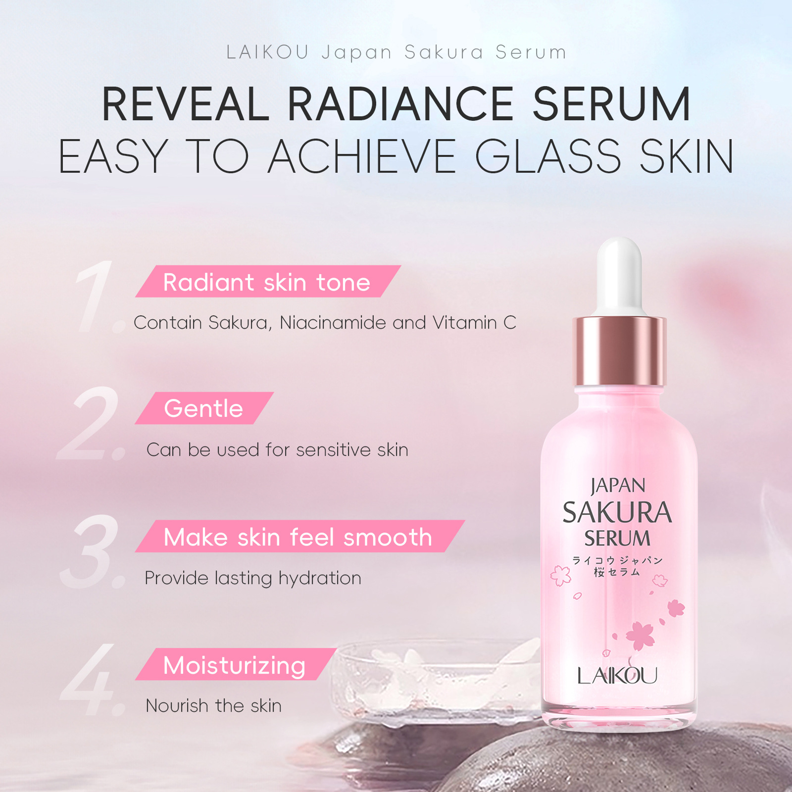 Laikou Moisturizing and Hydrating Cherry Blossom Essence 30mlFDA skin Care product, wholesale essence from English cross-border manufacturer, in stock Application Scenario