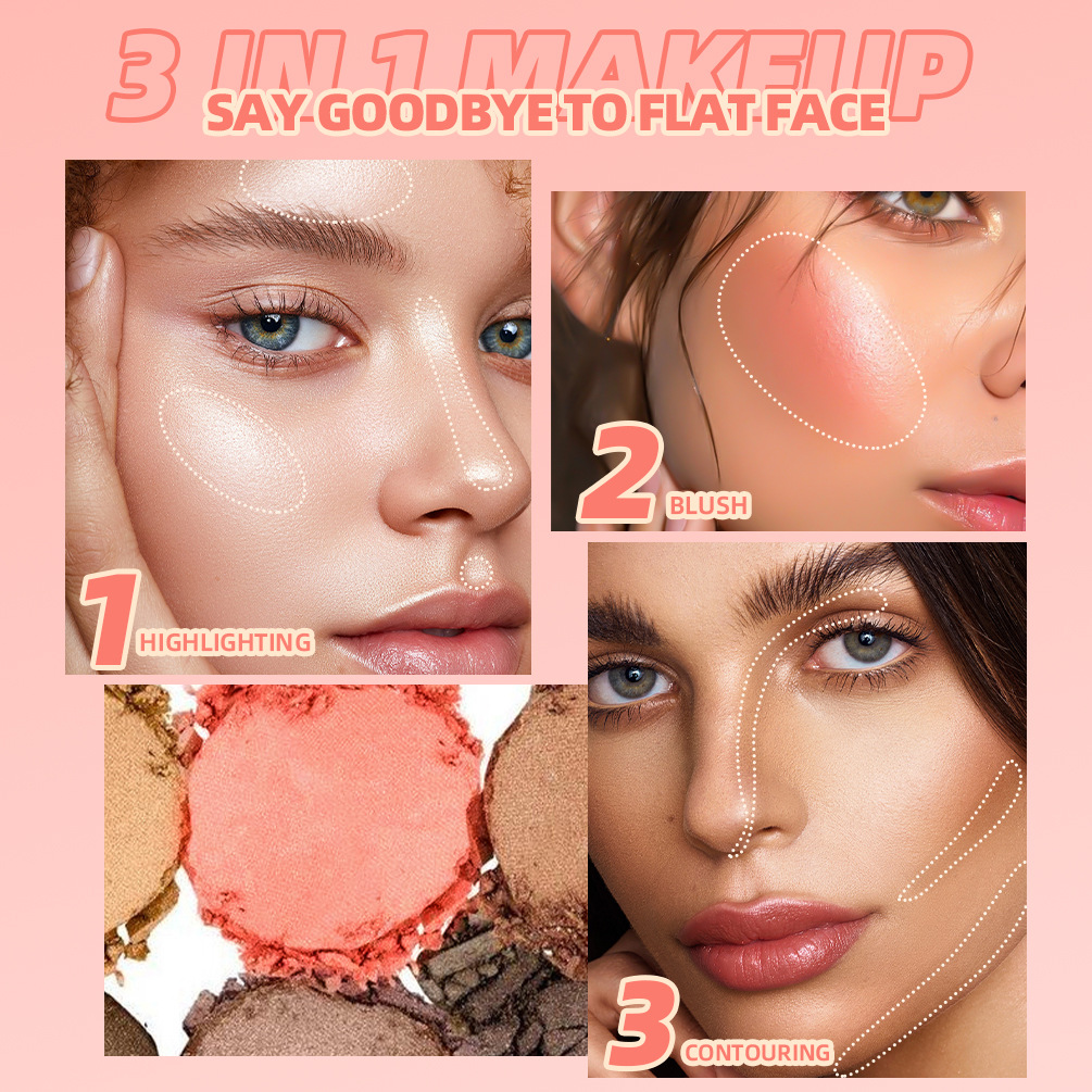 Qibest 3-in-1 Facial Makeup Box: Highlighter Blush, Pearlescent, Polarized, Three-dimensional, Matte, Natural, and powder-free eyeshadow palette Specification drawing