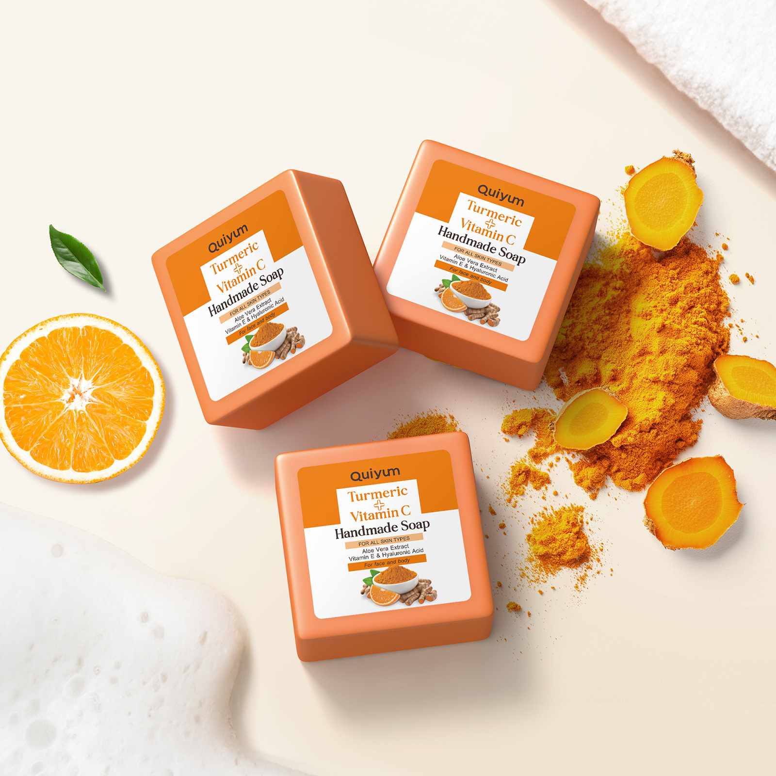 QUIYUM's new cross-border product, turmeric Vitamin c essential Oil Soap Facial Soap 100g, is suitable for cleansing and moisturizing the face and body full figure