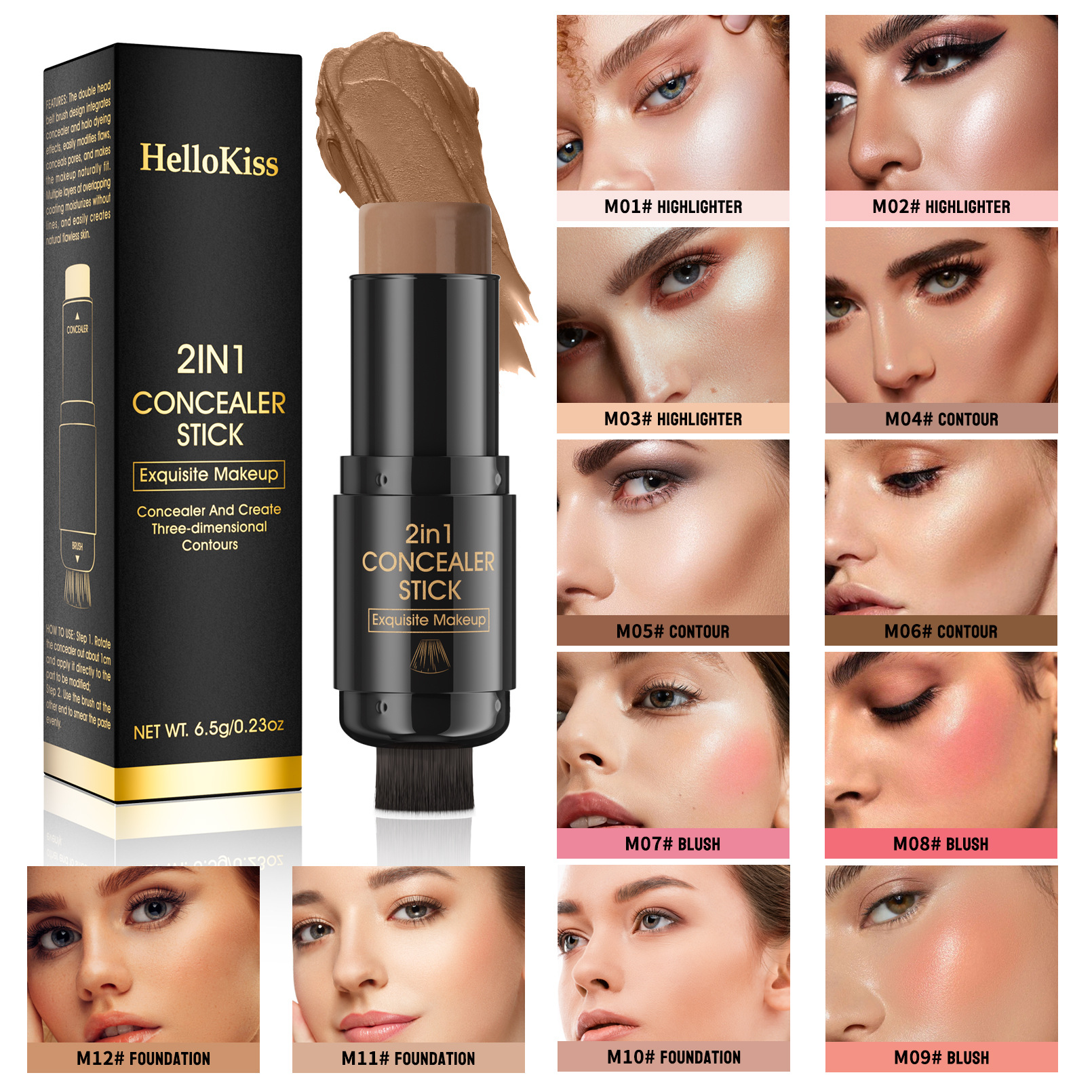 HelloKiss Highlighter Blush with Brush, Double-headed Contouring Stick, Three-dimensional contour Shaping, Concealer Foundation Stick, Cross-border Color full figure