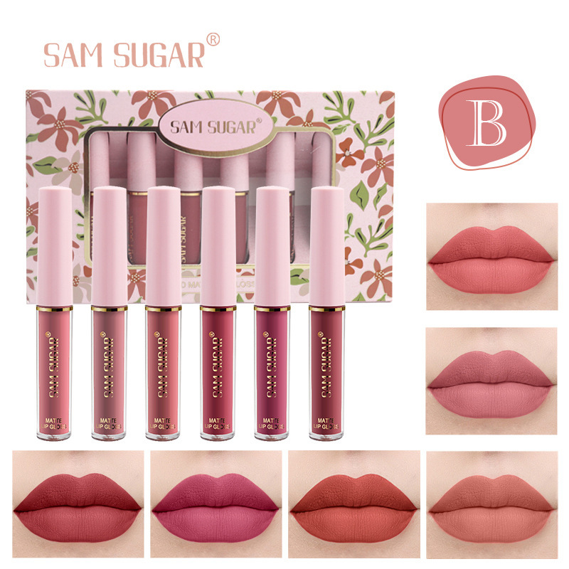 SAM SUGAR 6-color Lip Gloss Gift Box Set Matte non-stick cup Matte Velvet Easy to apply Lipstick Lip gloss Item Picture