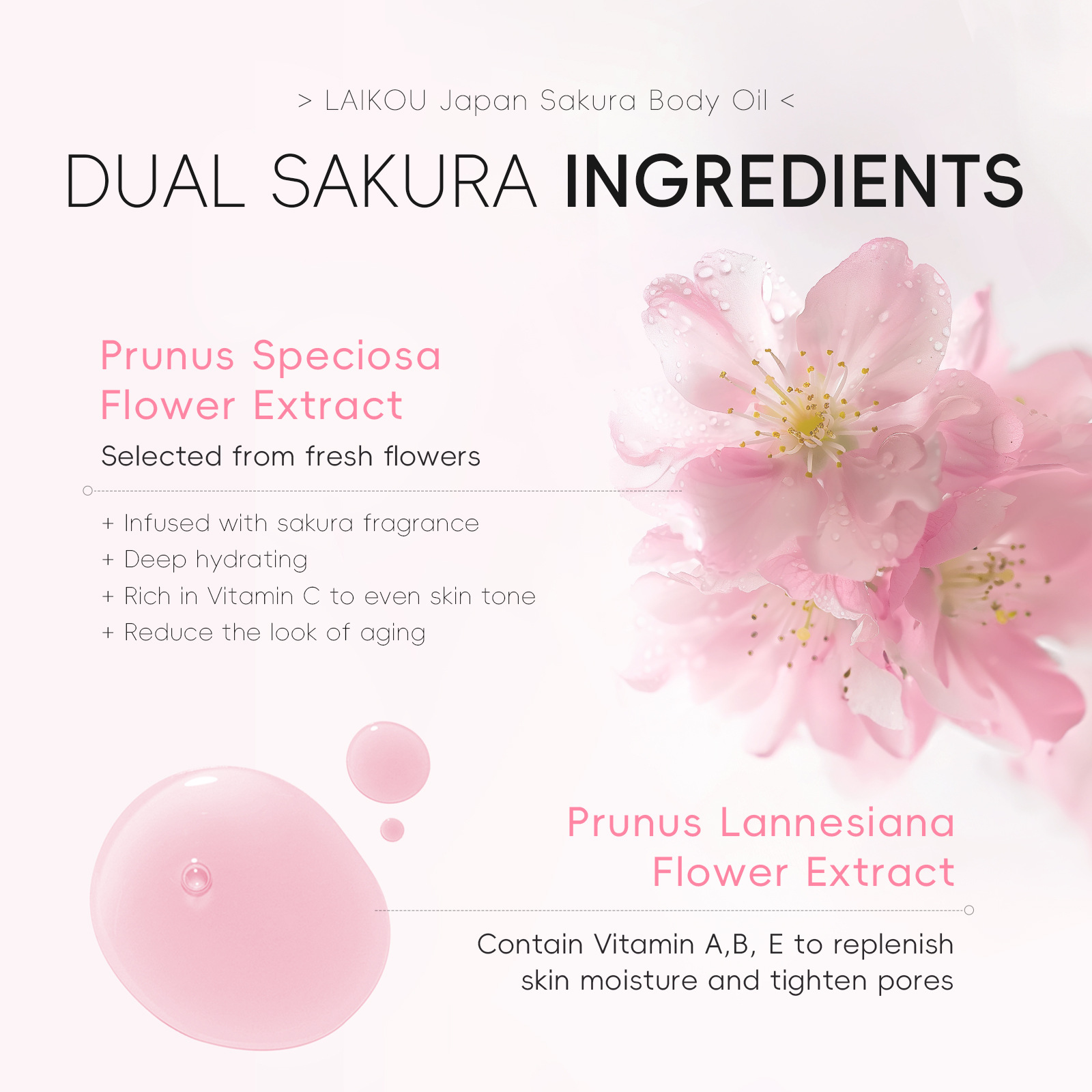 Cross-border Laikou Cherry Blossom Body Essential Oil 50g Moisturizing Essential Oil Hydrating and hydrating Manufacturer in stock, one-piece consignment, English Application Scenario