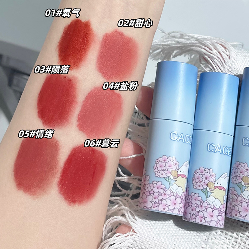 CACE Blue Sky Matte Lip Clay Anime Style Small cleft Lip Glaze Student Three-piece Blue Set Wholesale Application Scenario