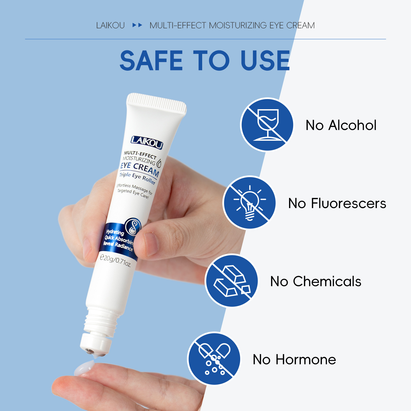 Cross-border LAIKOU Hydrating Roll-on Eye Cream 20g, eye moisturizing and eye care skin care product manufacturer supply Specification drawing