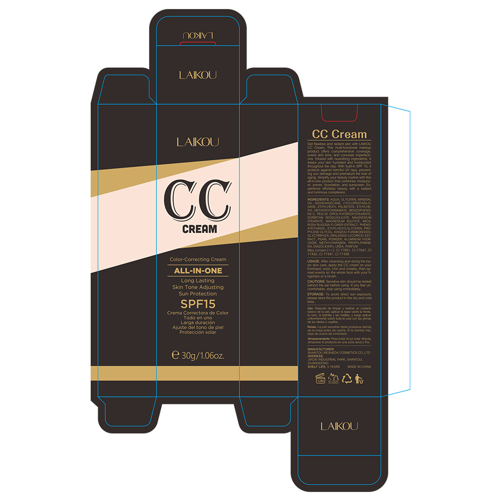 Cross-border LAIKOU Laikou cc Cream 30g (Color Box) Covering Blemishes, contouring without smudging, Moisturizing makeup manufacturer Application Scenario