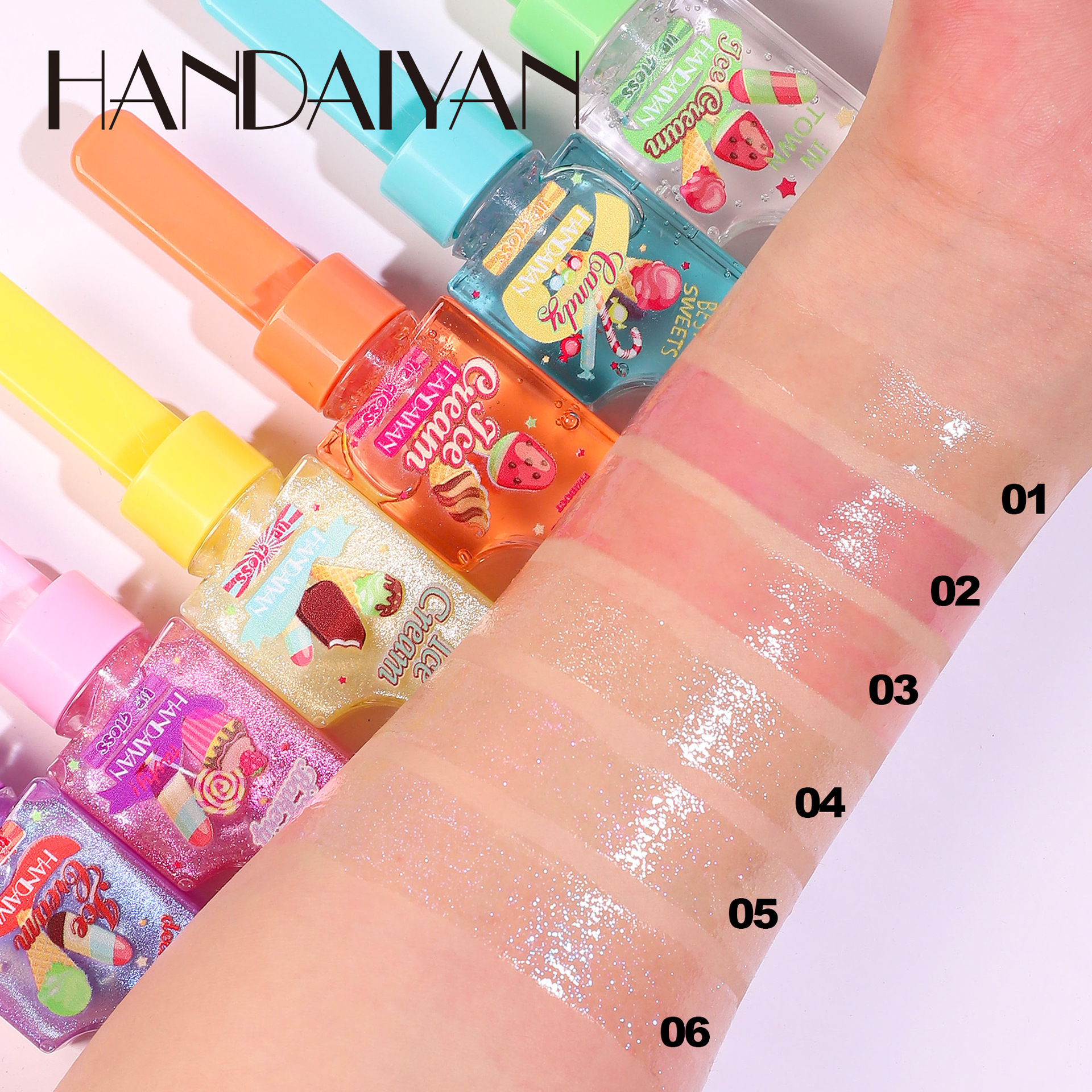 handaiyan Han Daiyan Cross-border Ice Cream Moisturizing Lip Oil Moisturizing Transparent Pearlescent Color-changing Lip Gloss Specification drawing