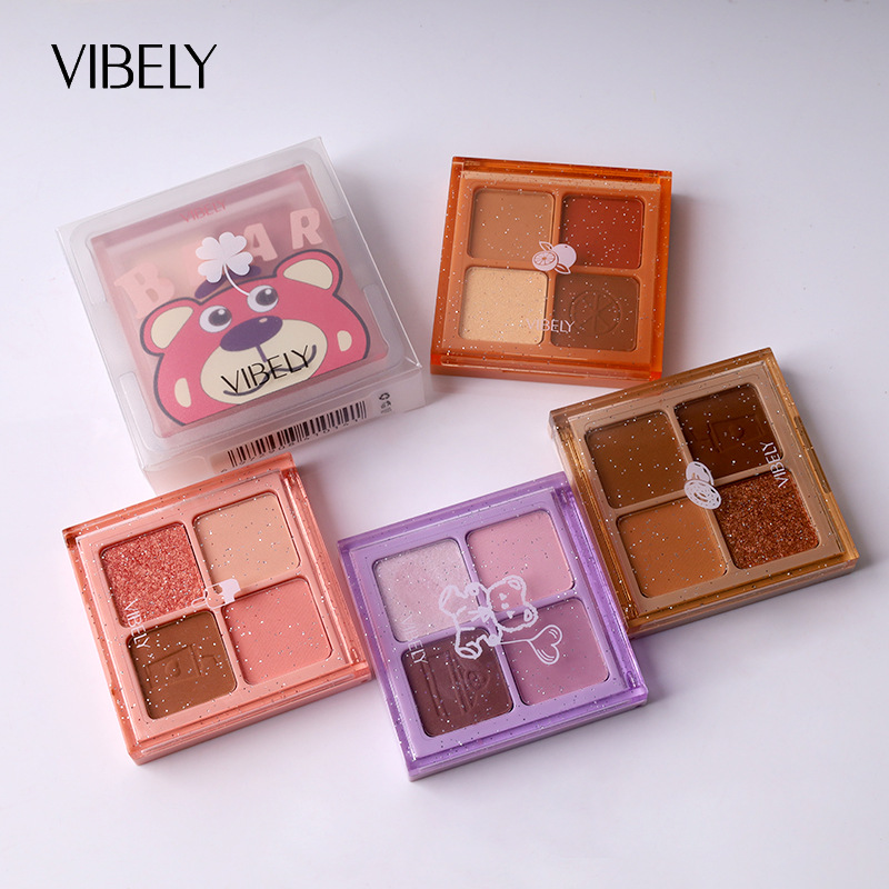 VIBELY Four-grid matte and glossy ground color eyeshadow palette, suitable for high-gloss, fine-textured daily pearlescent eyeshadow for lazy people full figure