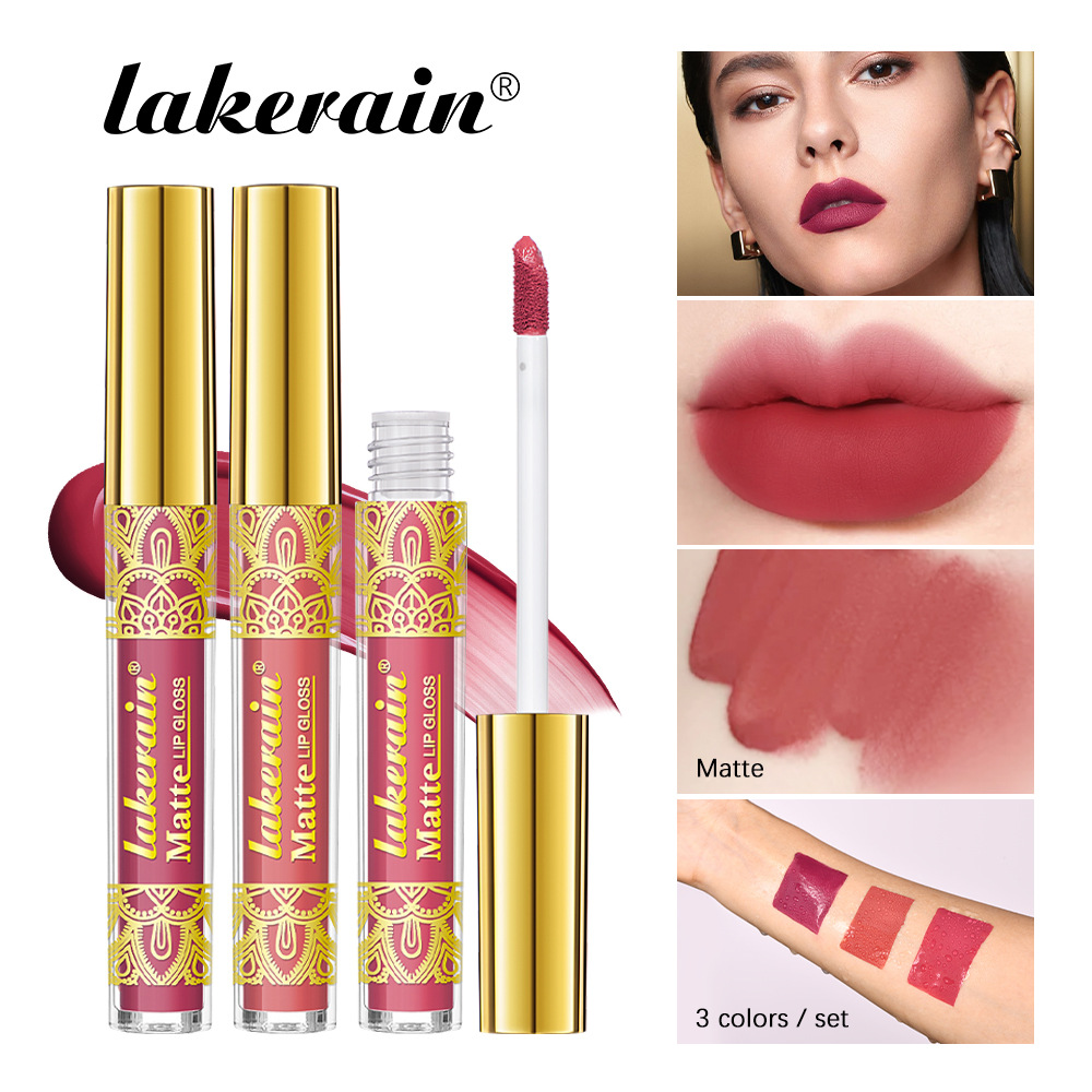Cross-border lakerain Gold Lip gloss Matte non-Stick Cup Lip gloss Lipstick Three-piece set full figure