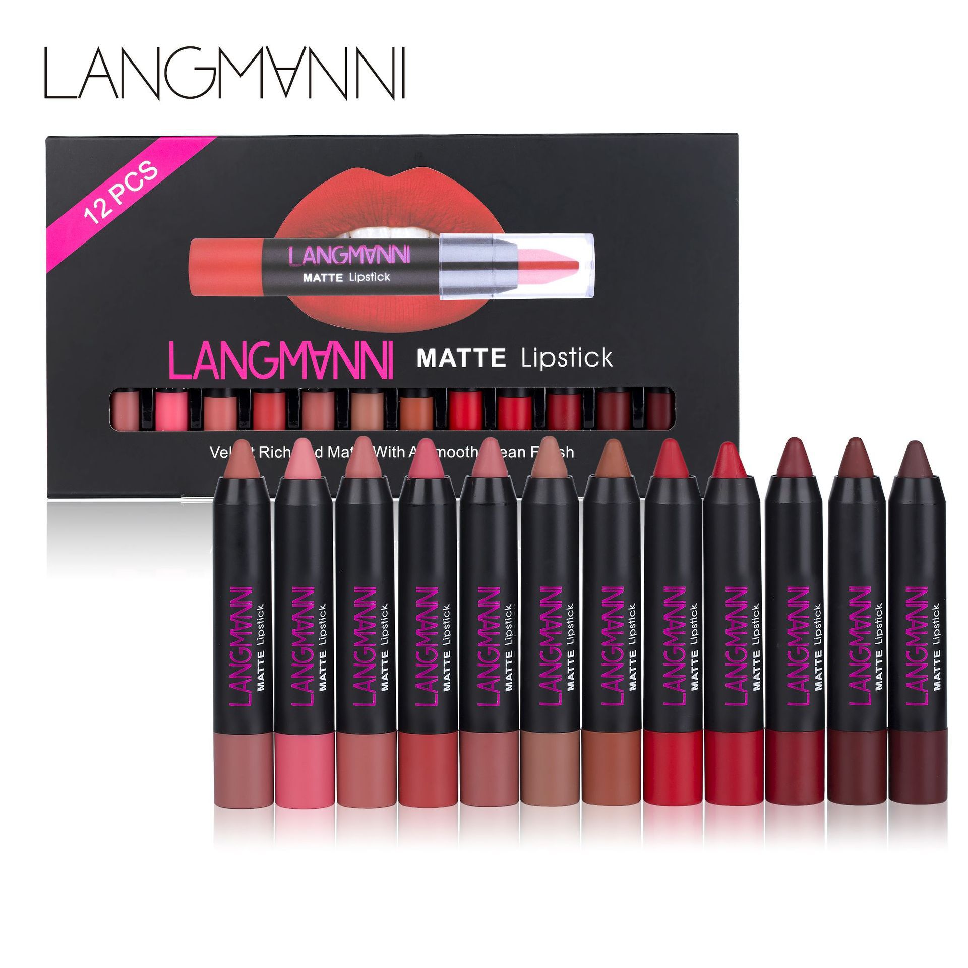 Langmanni 12-tube Velvet matte Lipstick Set, non-stick cup matte black tube lipstick Amazon full figure