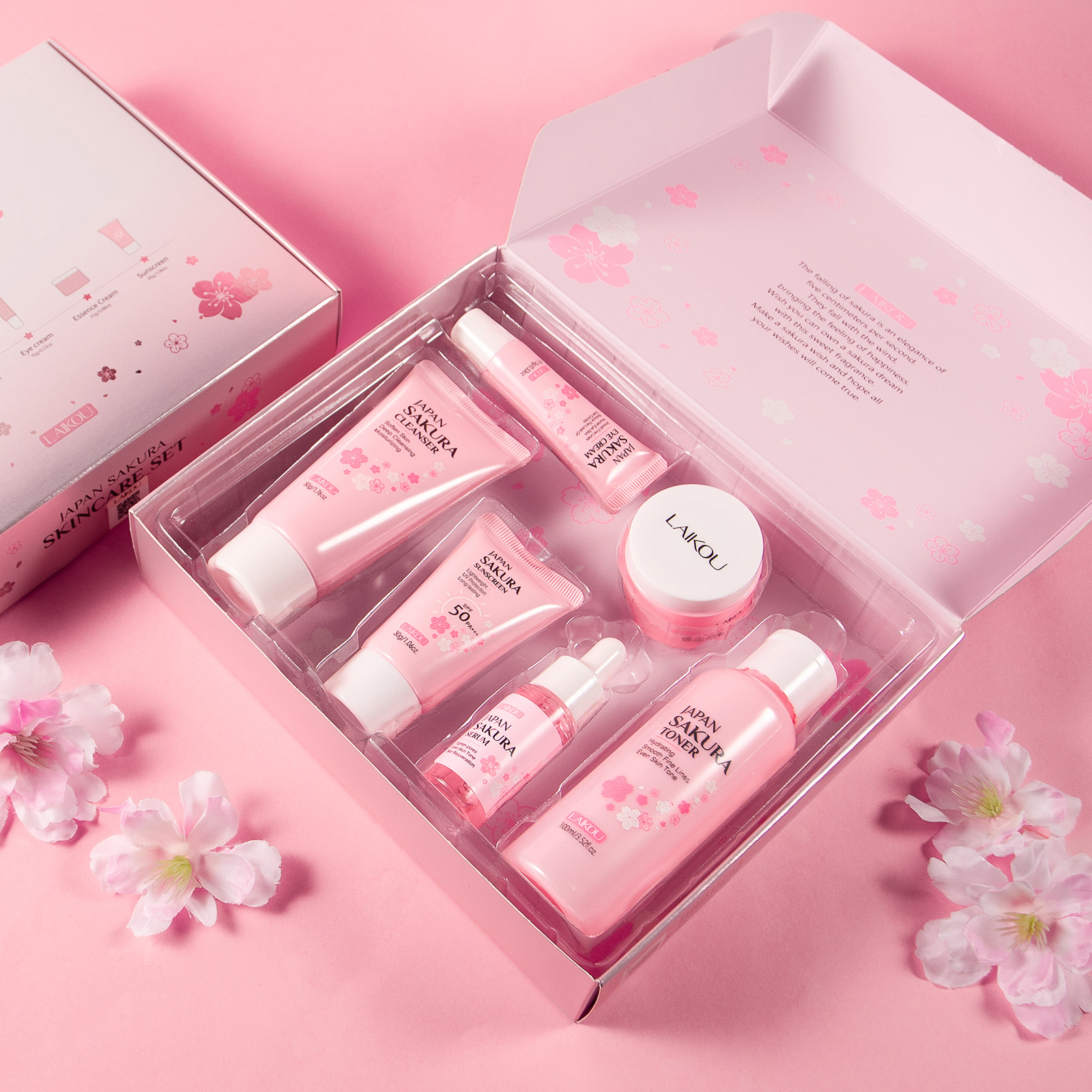 LAIKOU Cherry Blossom Skincare six-piece Set: Facial Cleanser, Essence, Eye Cream, Face Cream, Toner, sunscreen, Cross-border Application Scenario