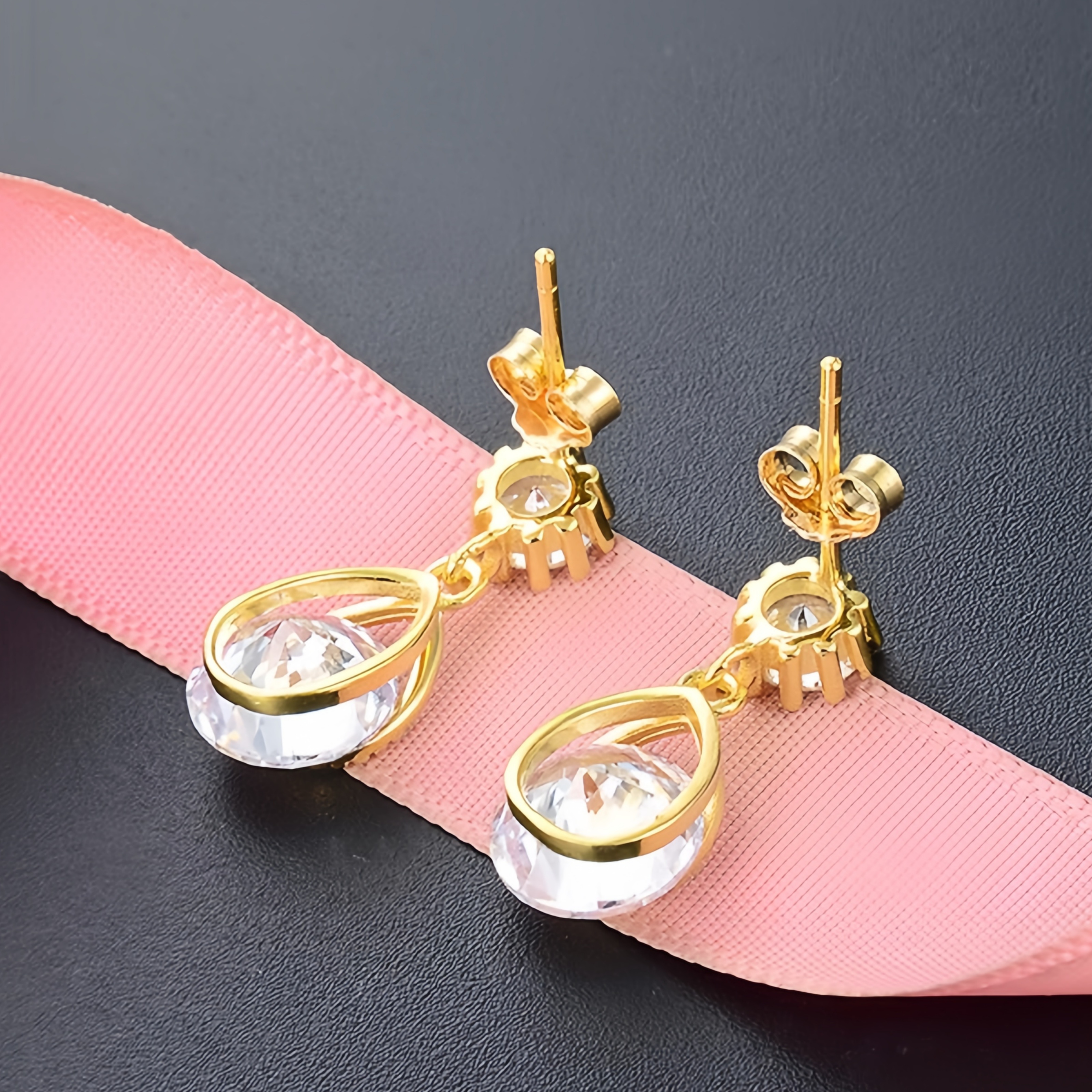 Xuhui brand exquisite and light luxury copper plated with real gold and set with zircon 925 silver needle water drop design fashionable stud earrings details Picture