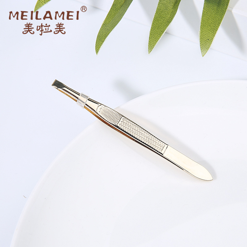 Meilamei stainless steel eyebrow tongs, eyebrow trimming tweezers, flat and slanted beauty tools, eyebrow tongs MLM-D504 Specification drawing