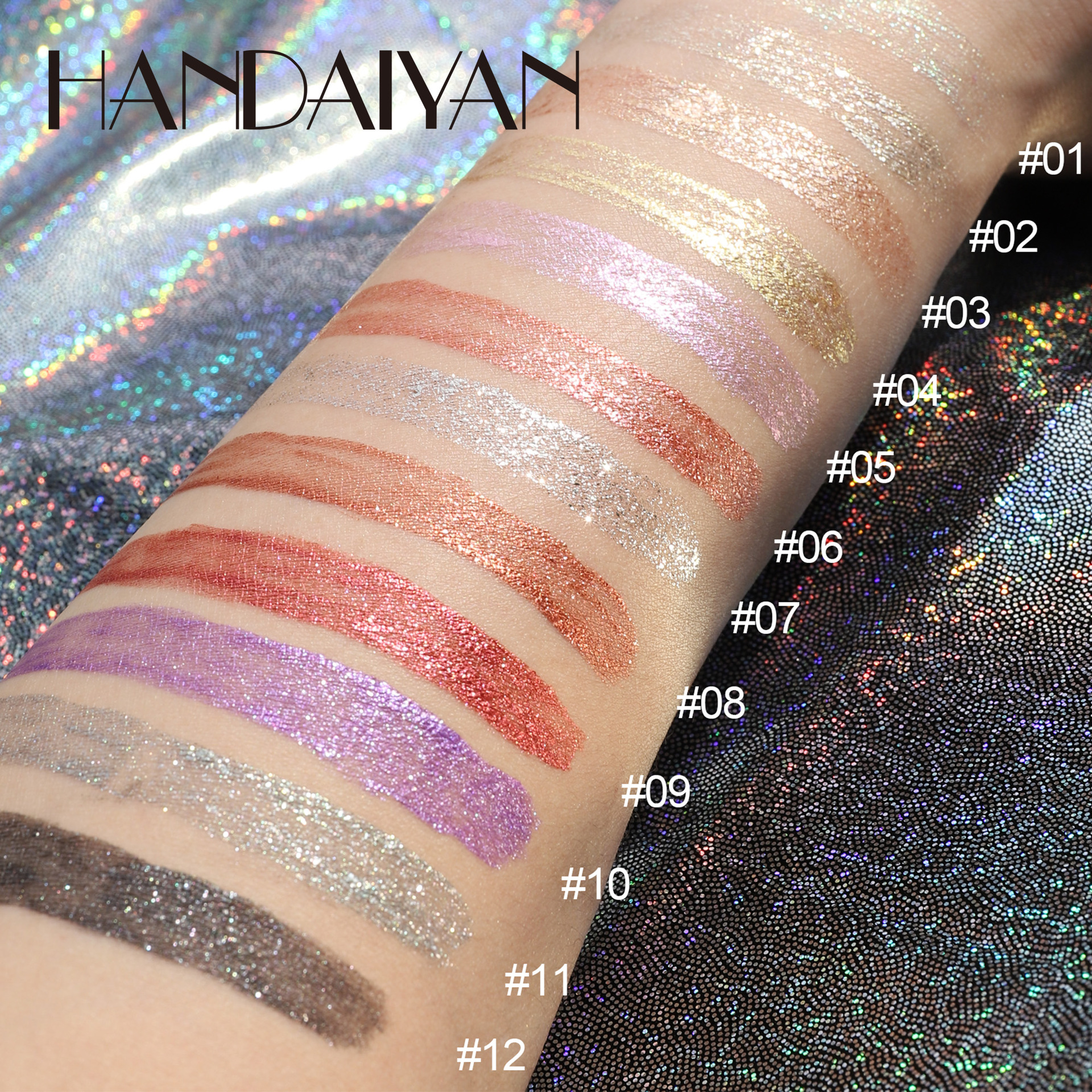 Cross-border liquid eyeshadow set handaiyan Pearlescent Fine Flash European and American Makeup Nightclub Flash 12-color eyeshadow liquid Specification drawing