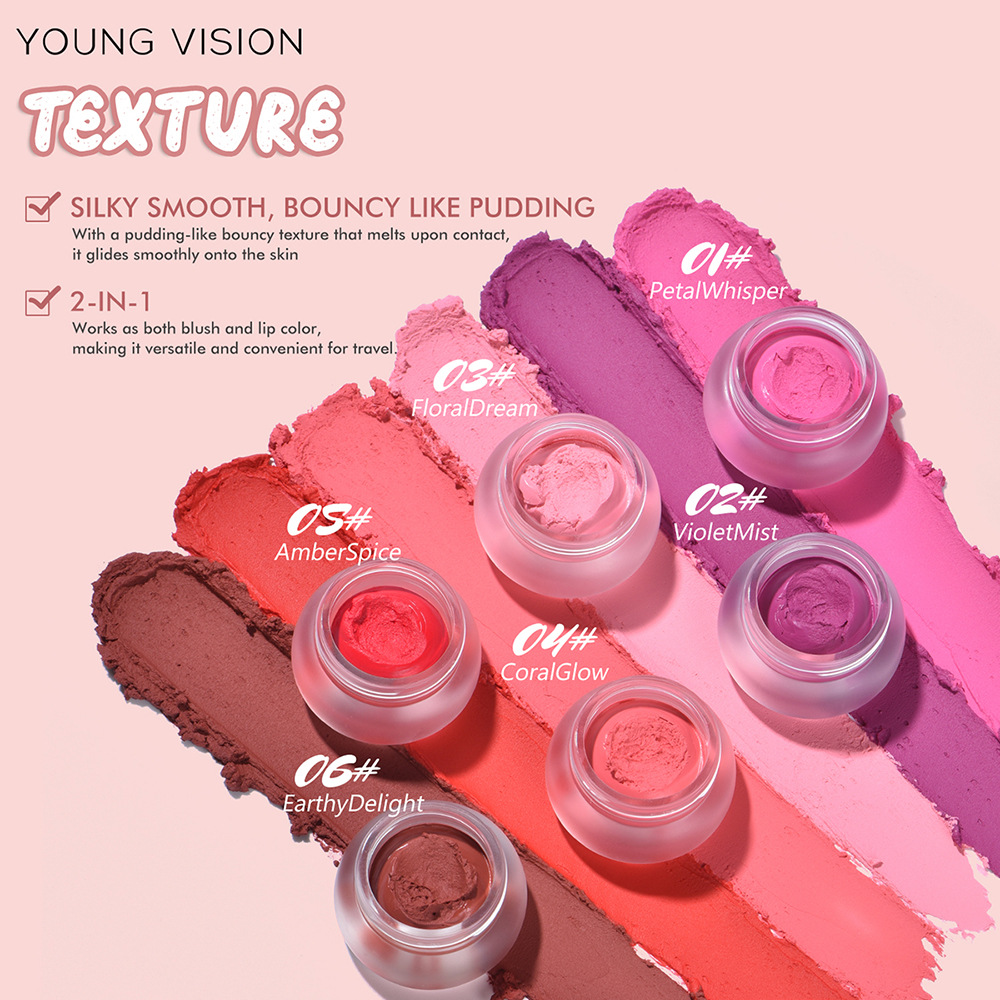 YOUNG VISION 6-color Mousse Blush Clay Nude Natural and Delicate Color Display matte Velvet Blush Application Scenario