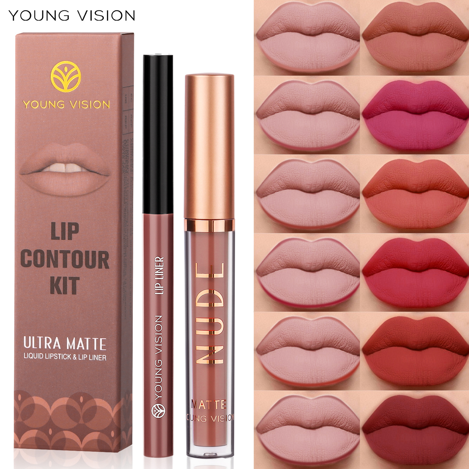 YOUNG VISION Lip gloss + Lip Liner 2-piece set of 6 sets, matte lip gloss and rotatable lip liner full figure