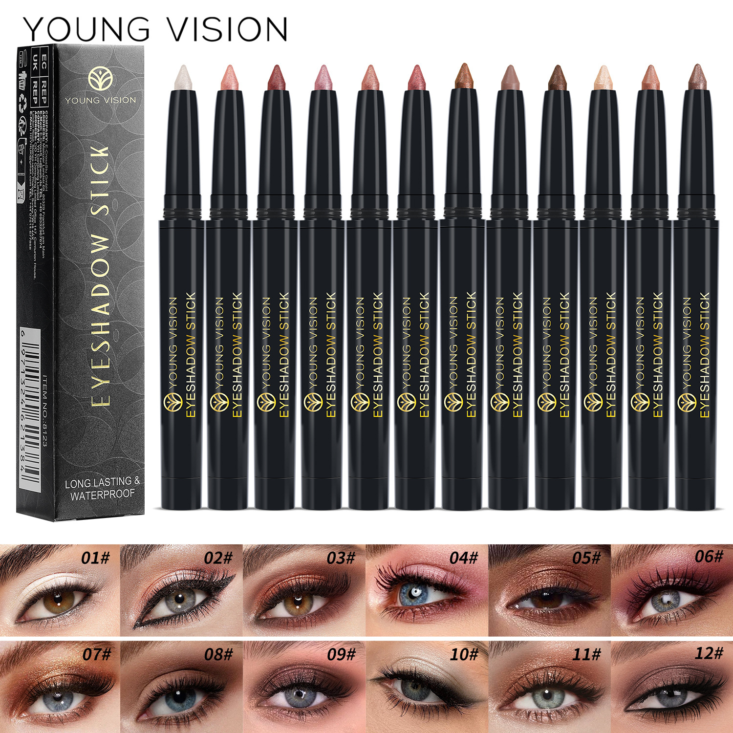 YOUNG VISION 12-color Pearlescent Rotating Eyeshadow Stick Contouring Under-Eye Makeup Colored Pen full figure