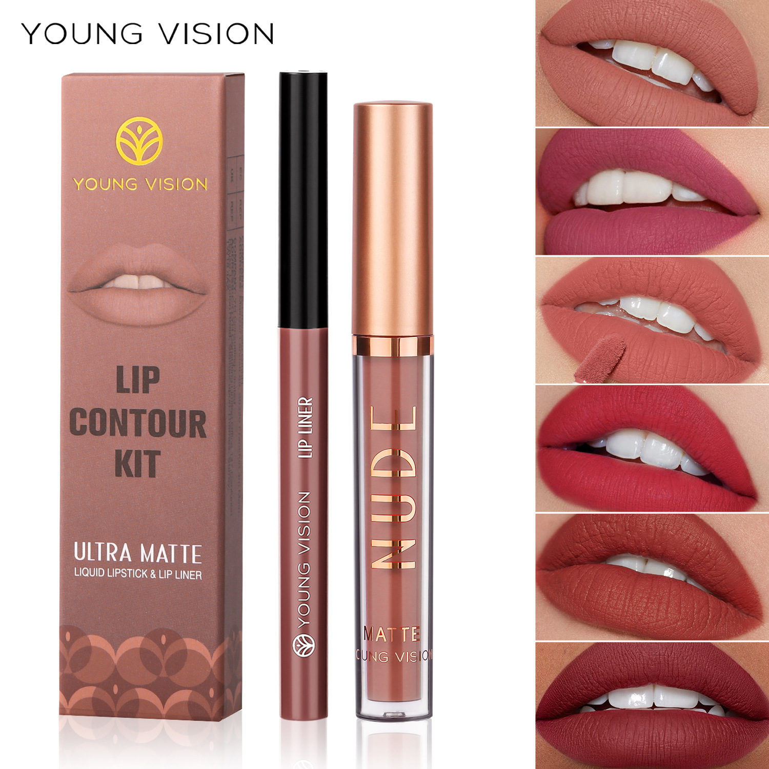 YOUNG VISION Lip gloss + Lip Liner 2-piece set of 6 sets, matte lip gloss and rotatable lip liner Application Scenario