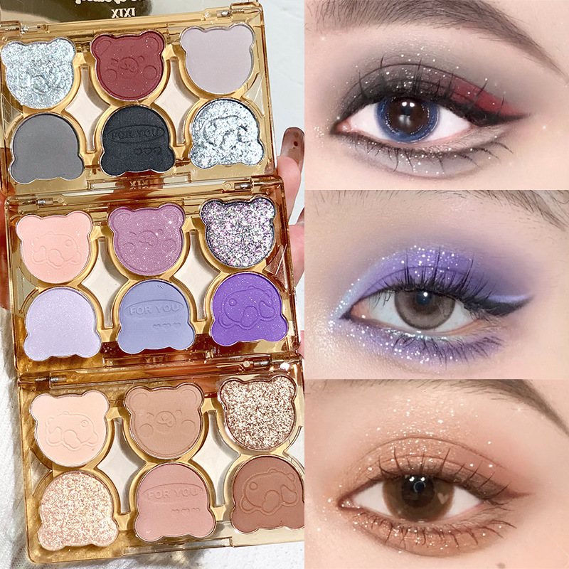 Beauty xixi Working Bear six-color eyeshadow, cool, broken diamond pink, purple and blue contrast color y2k imitation smoky cut eye makeup Application Scenario
