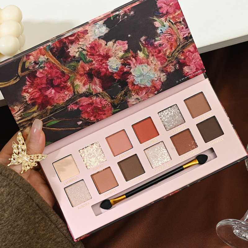 Capel 12-color oil painting style eyeshadow palette, pearlescent, matte, fine glitter, pink brown, earth tone, low-saturation makeup for women Specification drawing