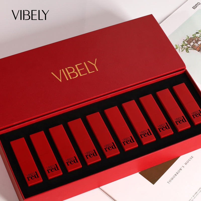 VIBELY China Red Non-Stick Cup Rim Red Gift Box Set of 10 matte matte non-fading Bright Red lipsticks details Picture