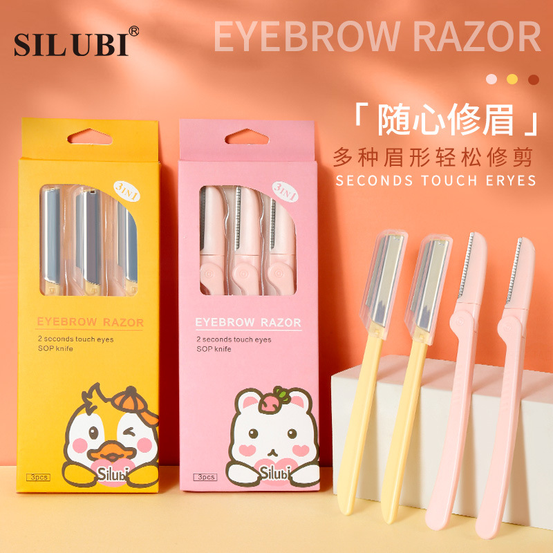 Ruby Cartoon All-English eyebrow Shaving Razor Three-piece set, folding eyebrow shaping blade, sharp blade, beginner's professional version full figure