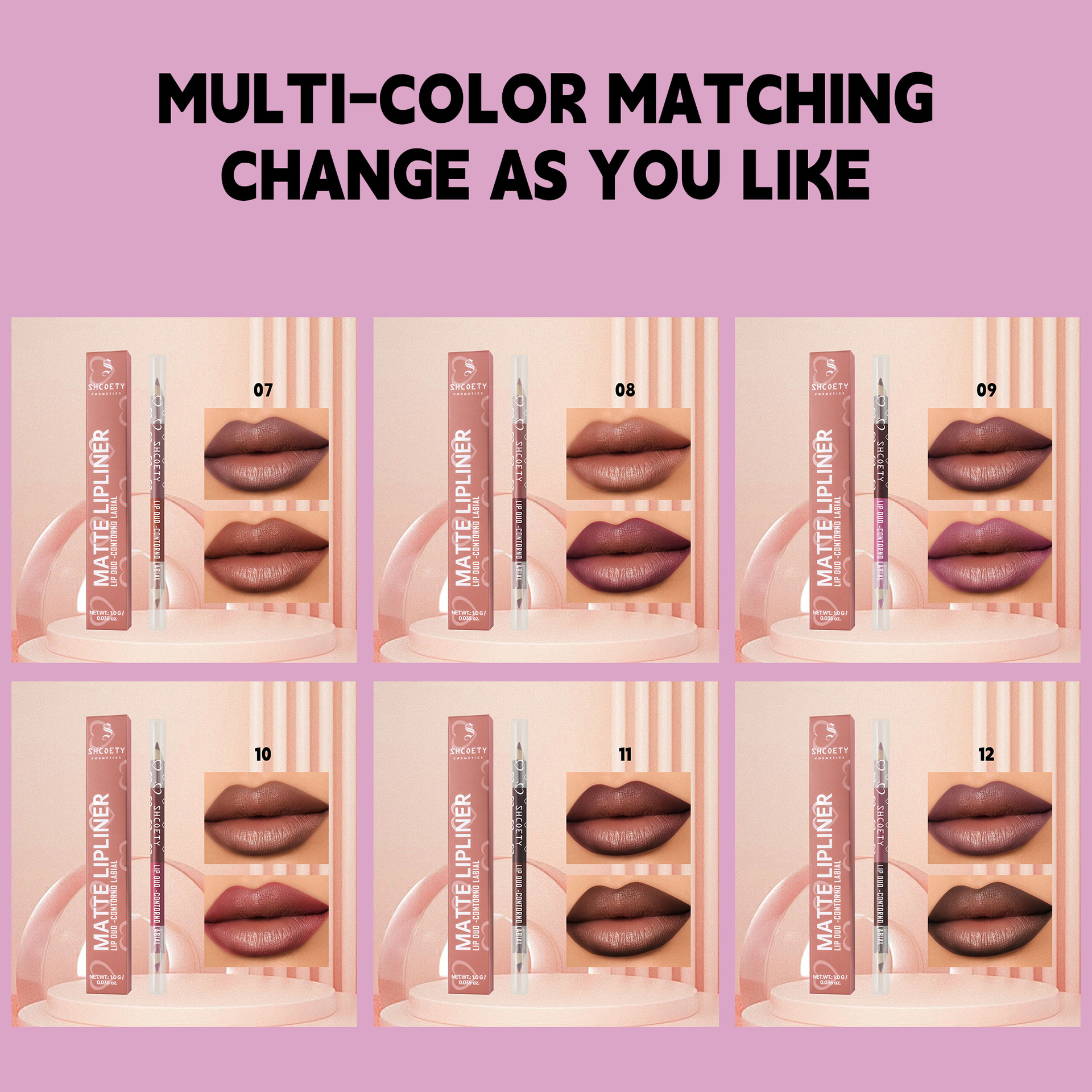 SHCOETY Cross-border Double-headed dual-color wooden lip liner Pen 6-piece set Matte, long-lasting, easy to color, non-stick cup outlining pen Specification drawing