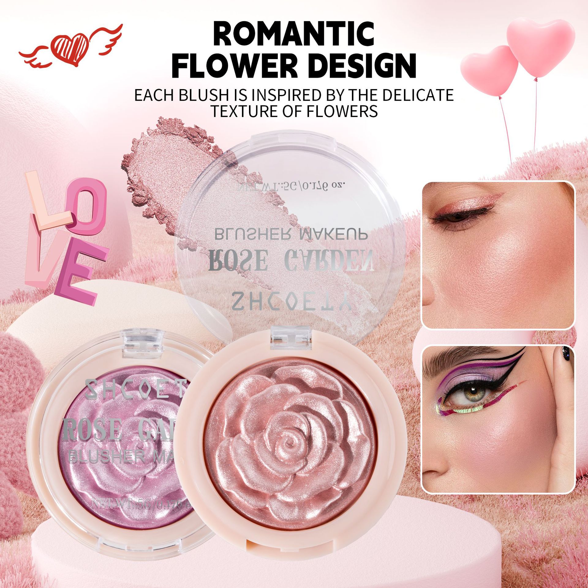 Shcoety3d 6-color high-gloss Set Engraved rose blush Plate Body and Face three-dimensional brightening and contouring Powder compact Specification drawing
