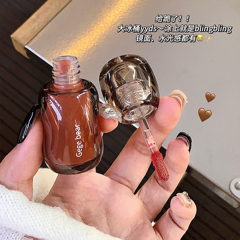 Cross-border Gege bear Large Ice Bucket Crystal Translucent Lip Gloss Autumn and Winter Moisturizing Mirror Surface Not Fading Display box Specification drawing