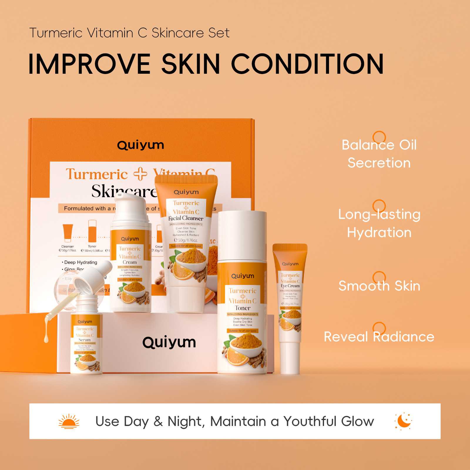 Cross-border quiyum turmeric Vitamin c skin Care Set 5-piece set, English facial care moisturizing manufacturer wholesale and consignment details Picture