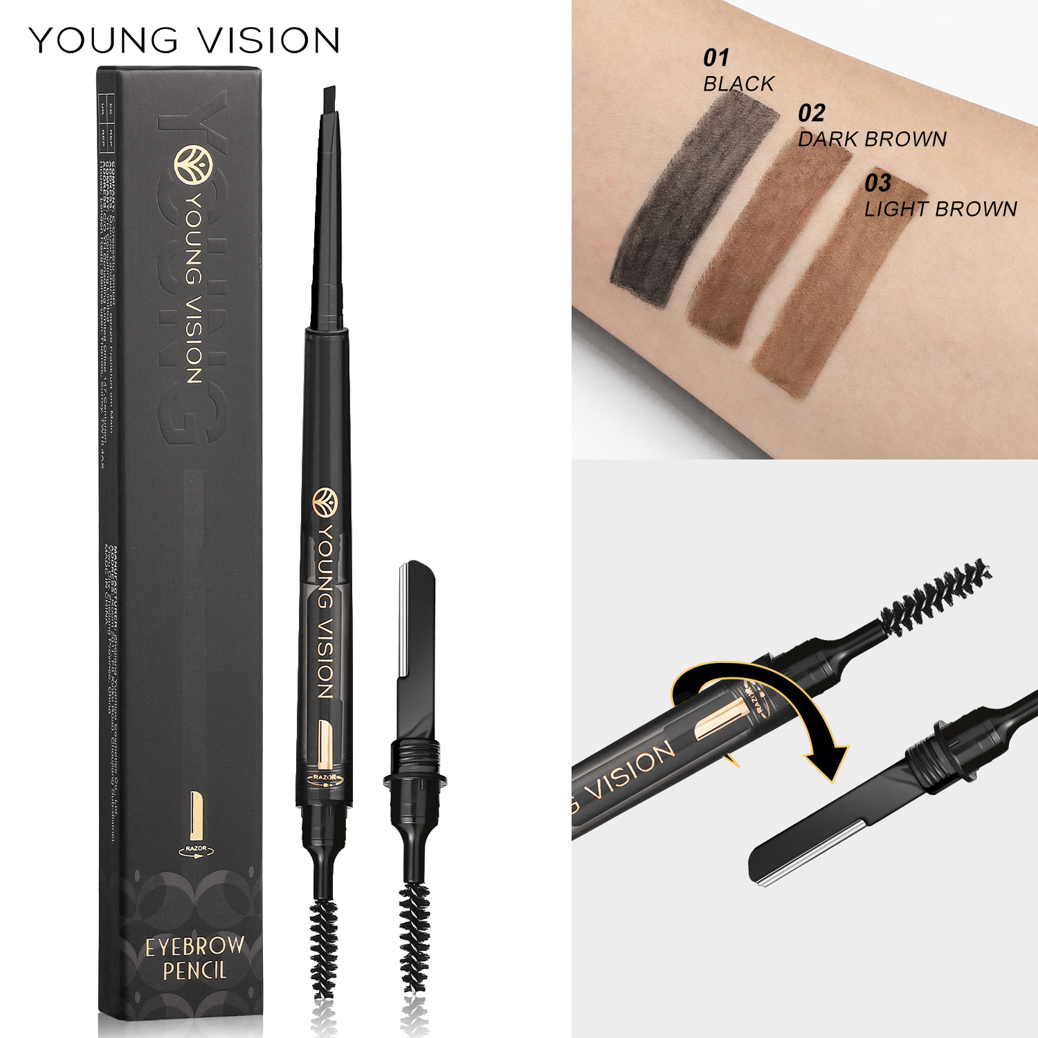 YOUNG VISION's foggy three-in-one eyebrow pencil is not prone to smudging. It features a fine and soft brush and eyebrow blade details Picture