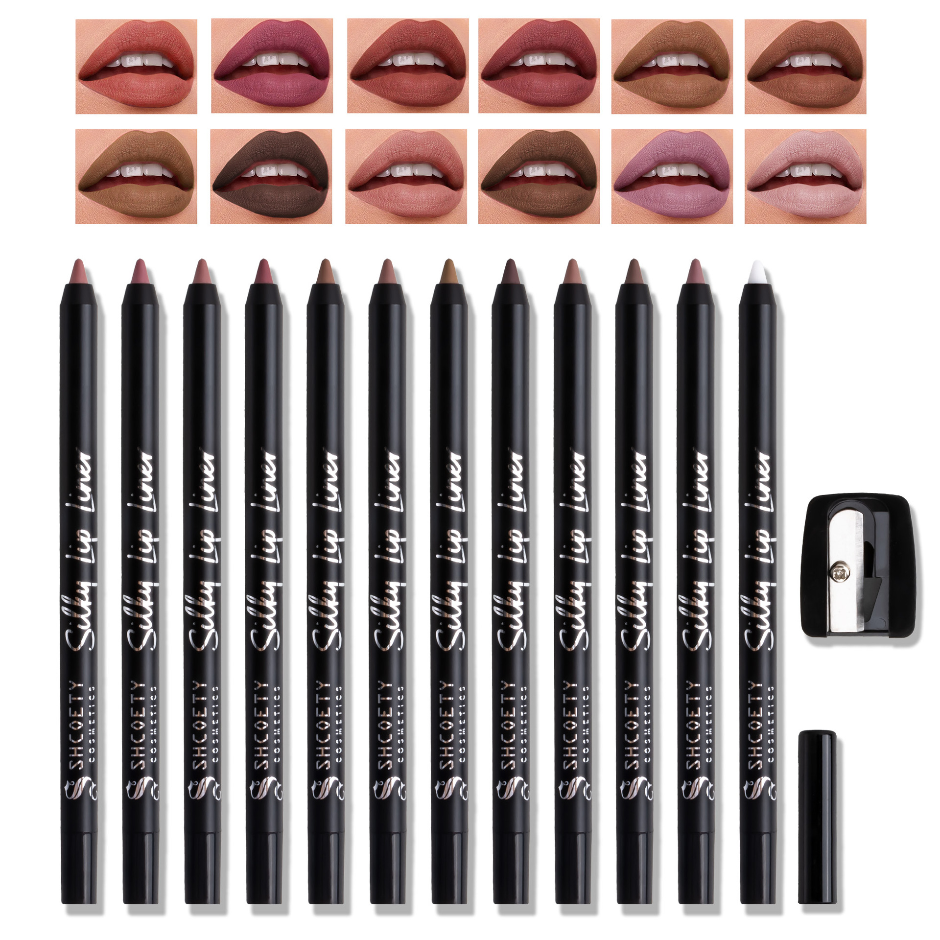 Shcoety12-color matte lip liner pen, waterproof decorative outlining pen, nude lipstick pen with pencil sharpener Specification drawing