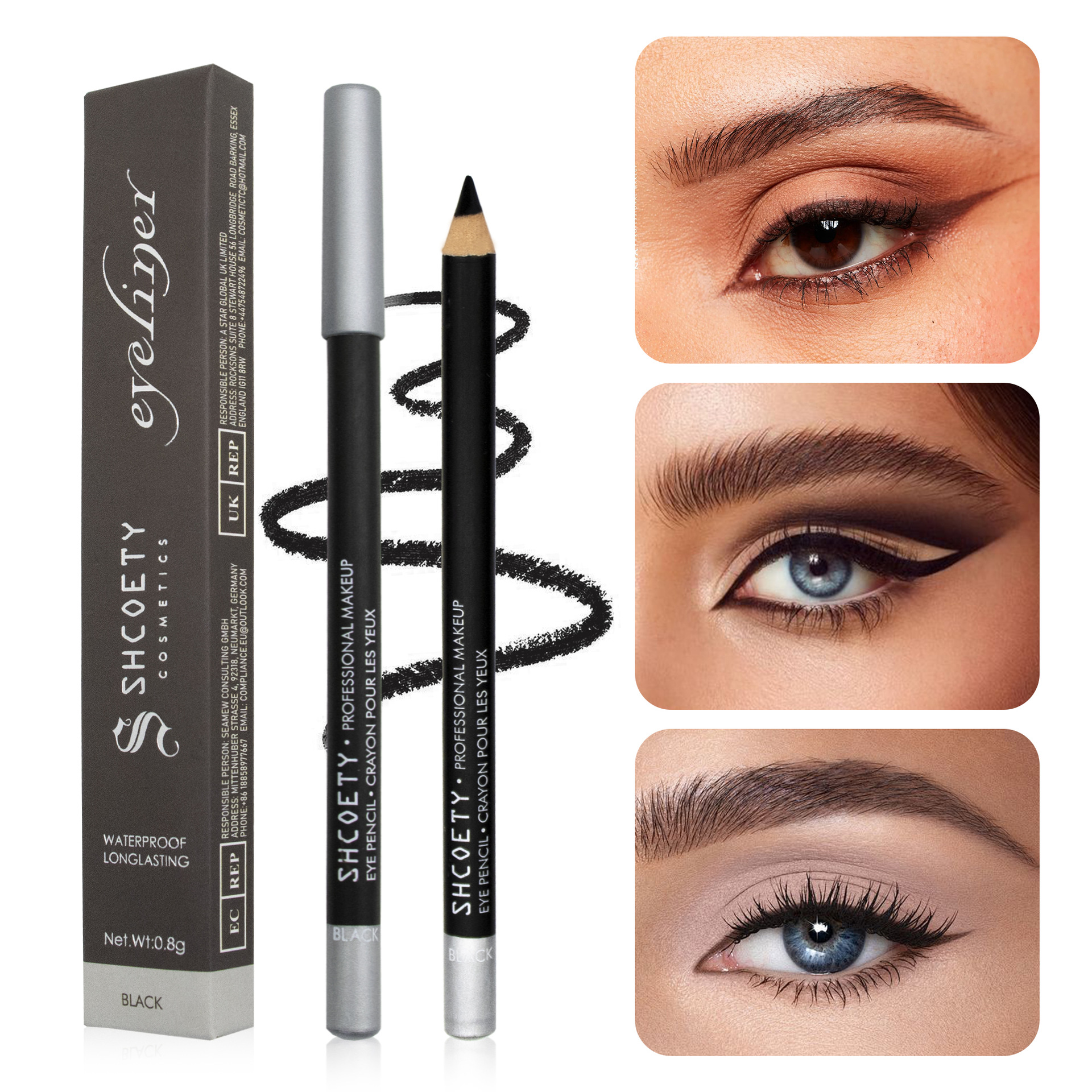 SHCOETY waterproof and non-smudge wooden eyeliner pen, long-lasting makeup without smudge, eyebrow pencil and eye pencil, dual-purpose makeup pen, European and American full figure