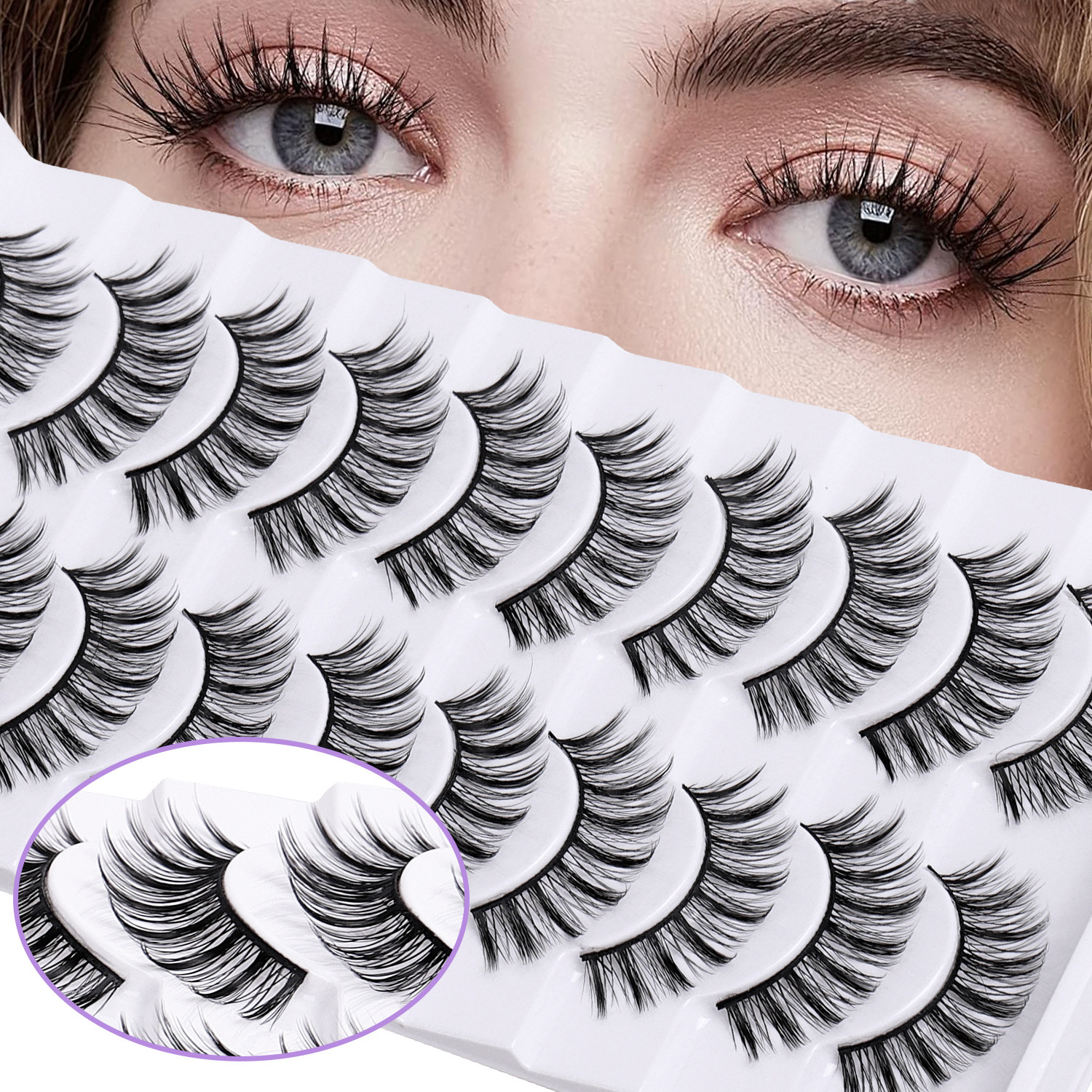 New 10-pair set of European and American black stem 3D false eyelashes, thick and three-dimensional little devil eyelashes, in stock at Pingdu Factory details Picture