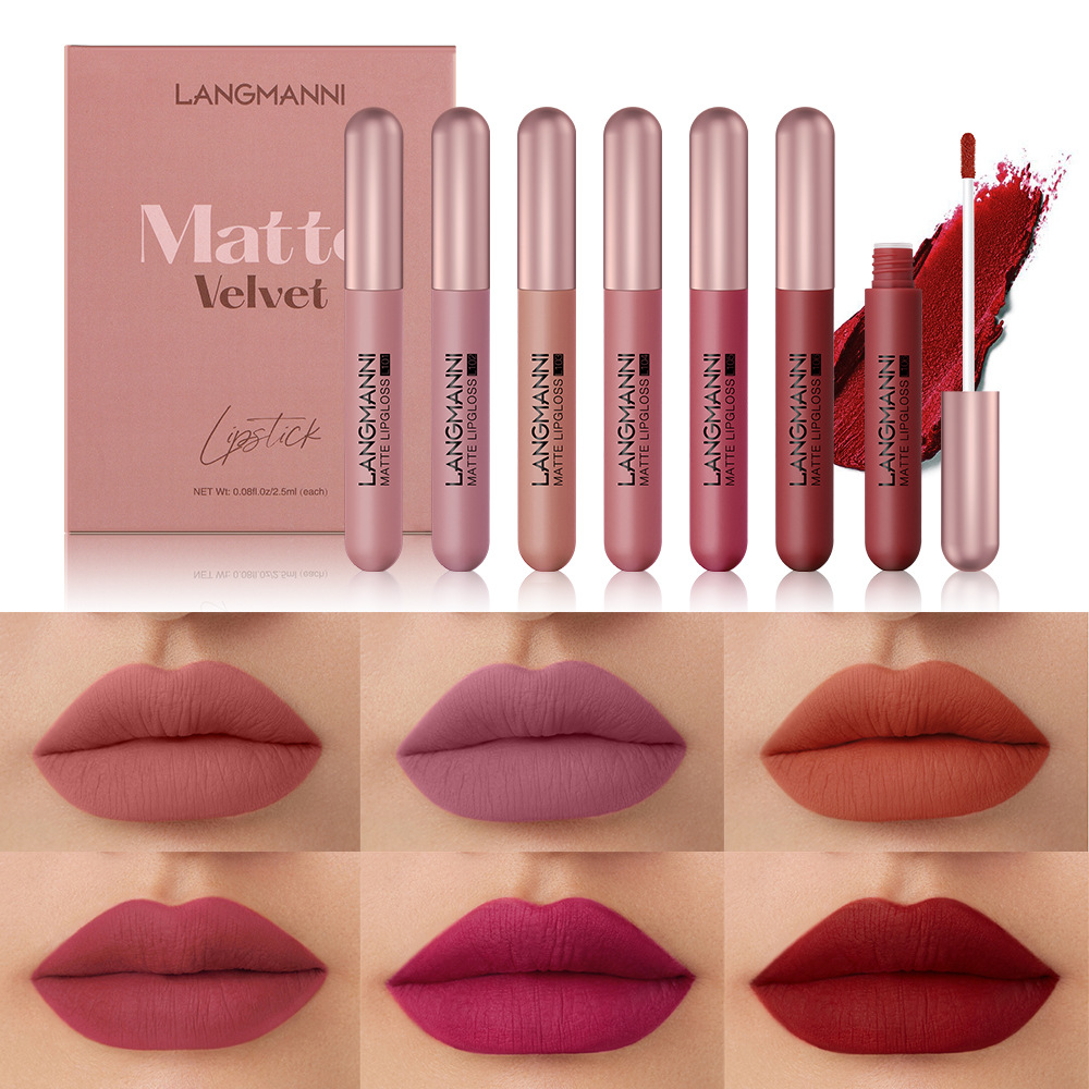 Langmanni's new matte lip gloss set, 6-piece lip gloss set, velvet lipstick, cross-border makeup full figure