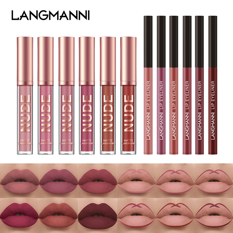 Langmanni 12-piece lip gloss set 6+6 Lip gloss and Lip liner pen combination Non-stick cup matte lip gloss full figure