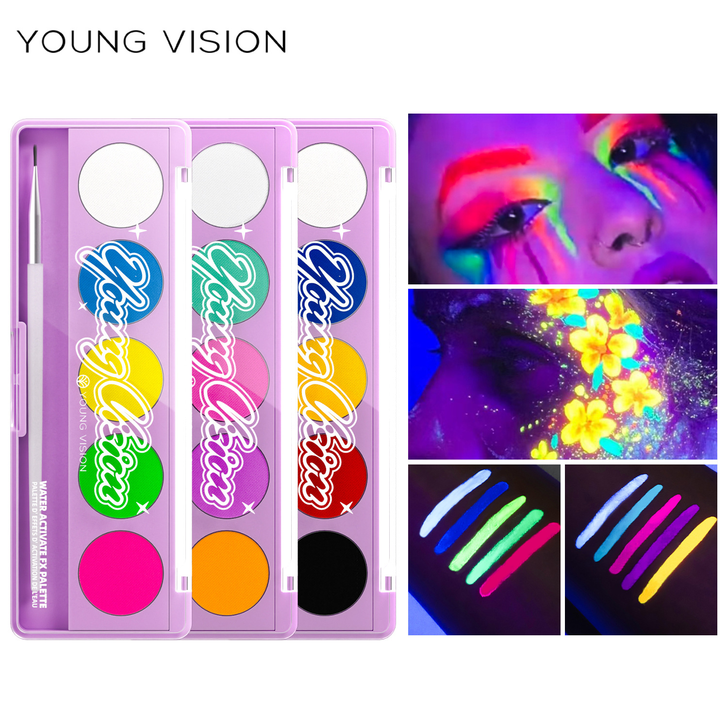 YOUNG VISION Fluorescent UV Facial Painting Plate Water-soluble Human Facial Painting Cream Stage Performance Makeup Plate full figure