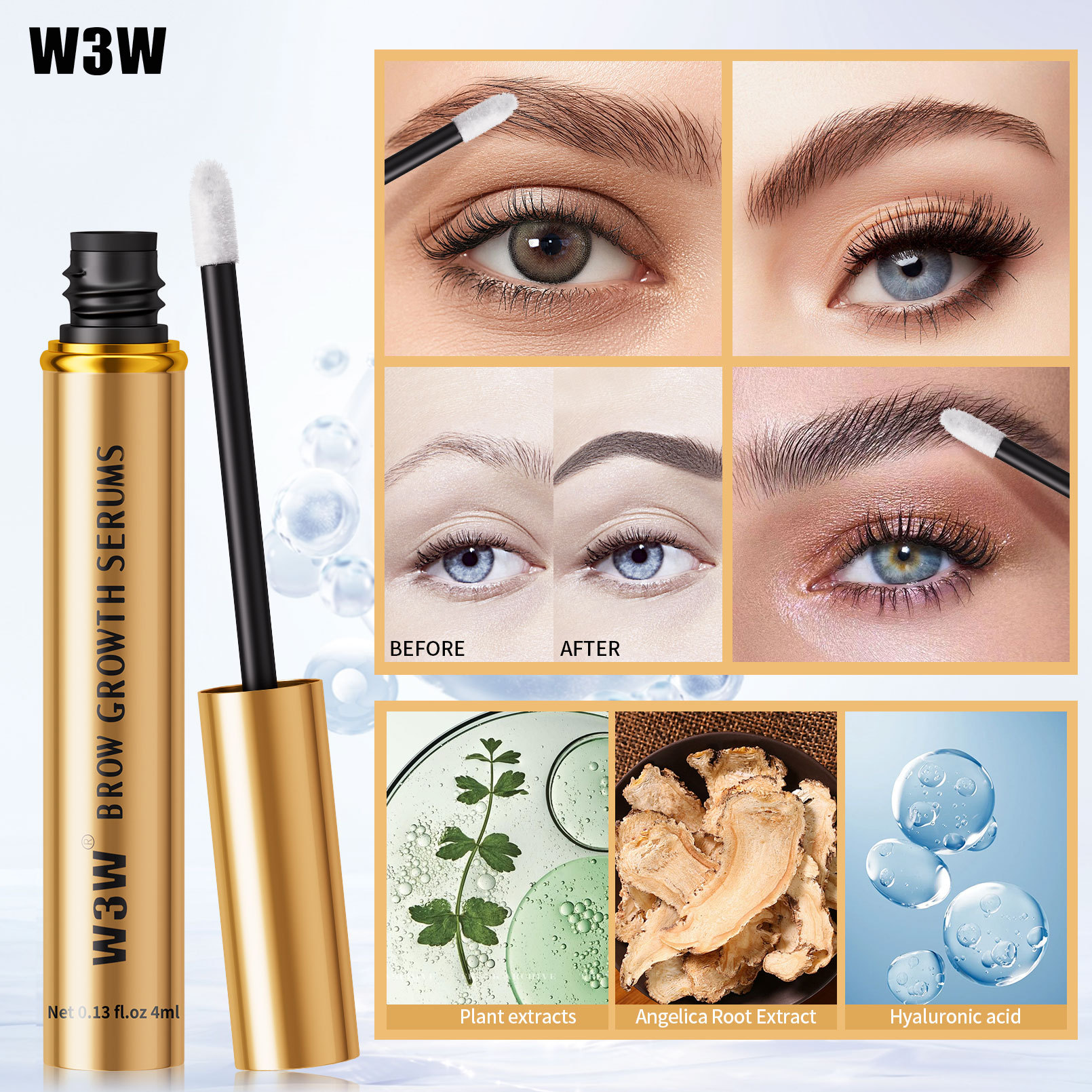 W3W Amazon Gold Tube Eyebrow Liquid is transparent, colorless, natural, slender and thick eyebrow liquid, cross-border makeup Specification drawing