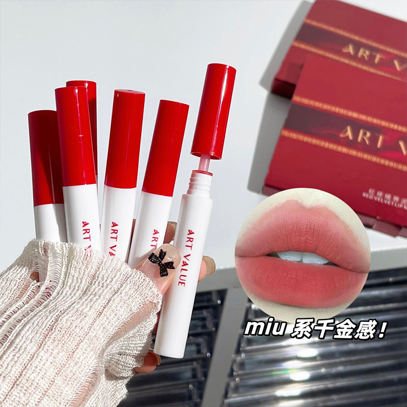 Art Value Necklace Red Velvet Lip Mud Set Box Velvet Matte Lip Glaze Bright Red Series Valentine's Day Wholesale details Picture