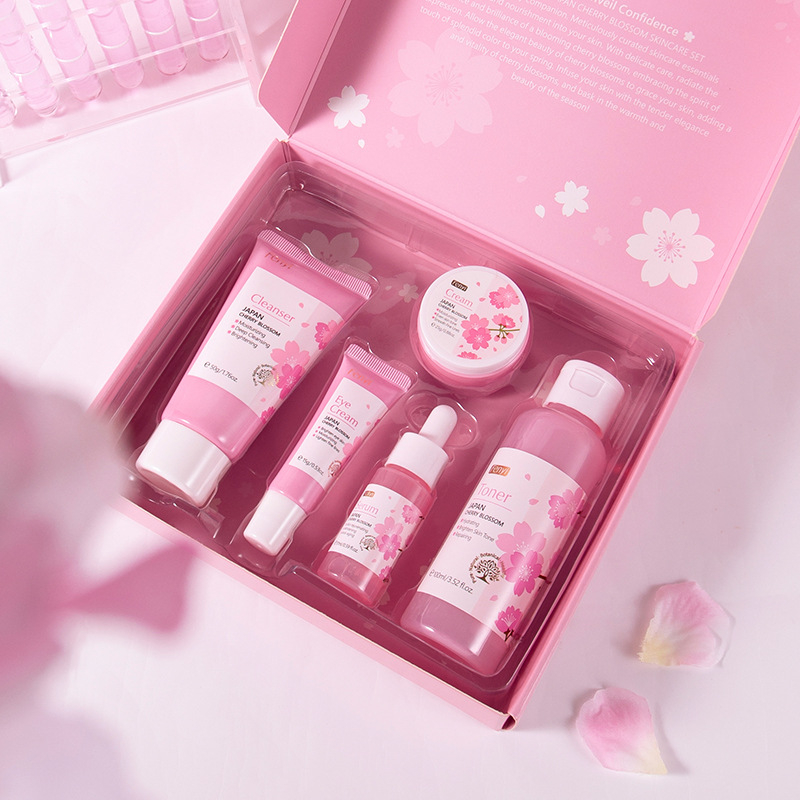Factory wholesale of cross-border feiyi new product Japanese cherry blossom skin care Set 5-piece facial care set box full figure