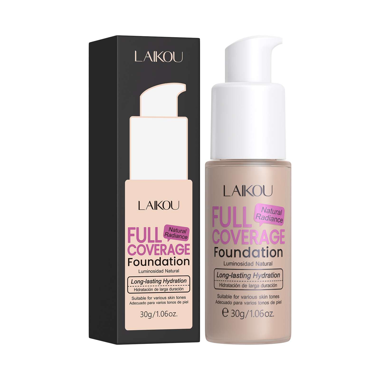 Cross-border LAIKOU Full-coverage Moisturizing Foundation 30g Brightening and Makeup Not easily smudge, export concealer and waterproof English Item Picture