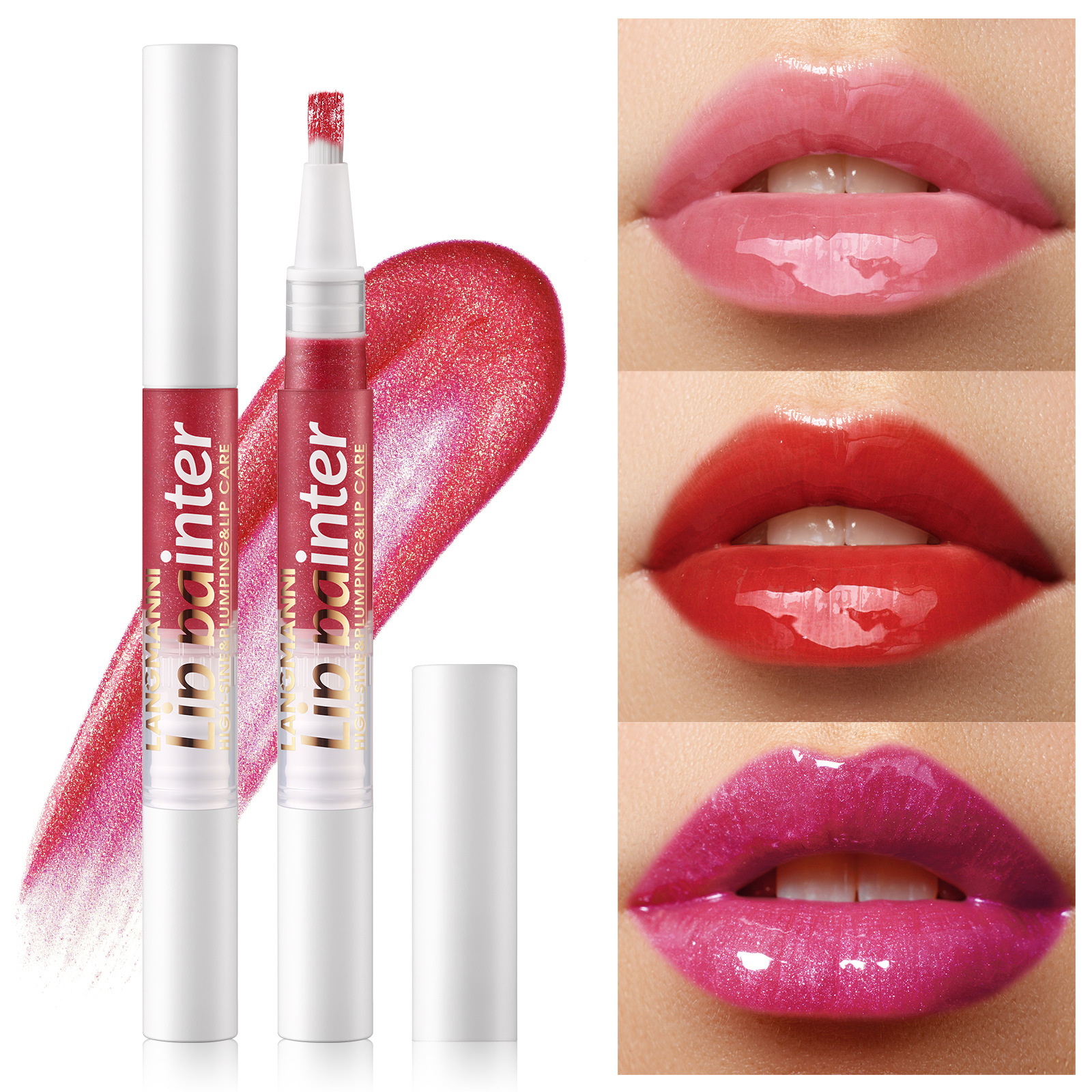LANGMANNI Rotating Lip Gloss with pearlescent and easy-to-apply soft brush glitter lip gloss full figure