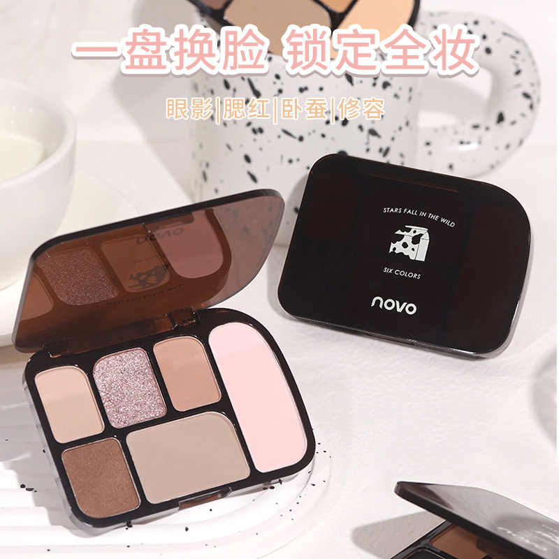 NOVO Starry Sky Wild Six-color Eyeshadow low-saturation pearlescent Fine Shimmering matte Blush Contour Eyeshadow all-in-one Set details Picture