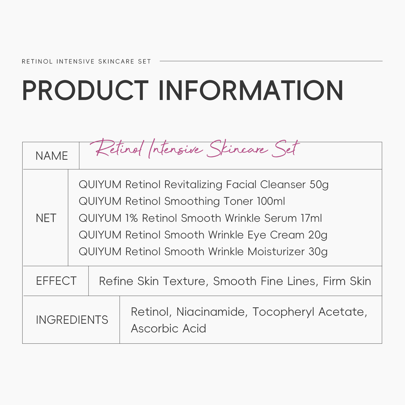 Cross-border QUIYUM Retinol Five-piece Set for Hydrating and moisturizing FDA skin care products is available for wholesale from the manufacturer details Picture