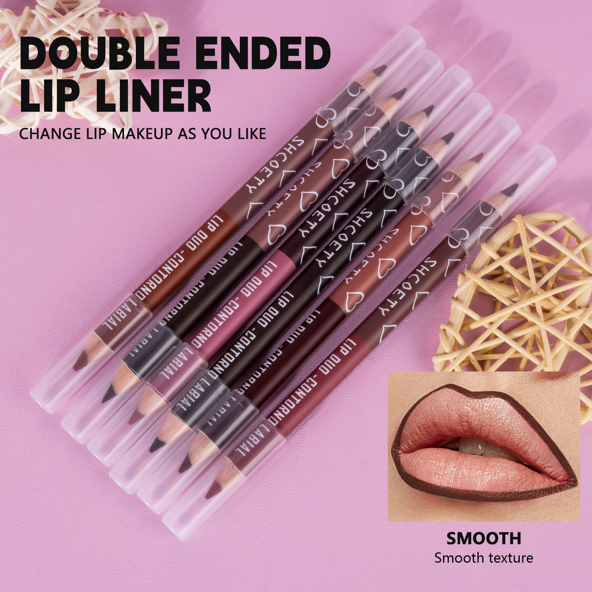 SHCOETY Cross-border Double-headed dual-color wooden lip liner Pen 6-piece set Matte, long-lasting, easy to color, non-stick cup outlining pen details Picture