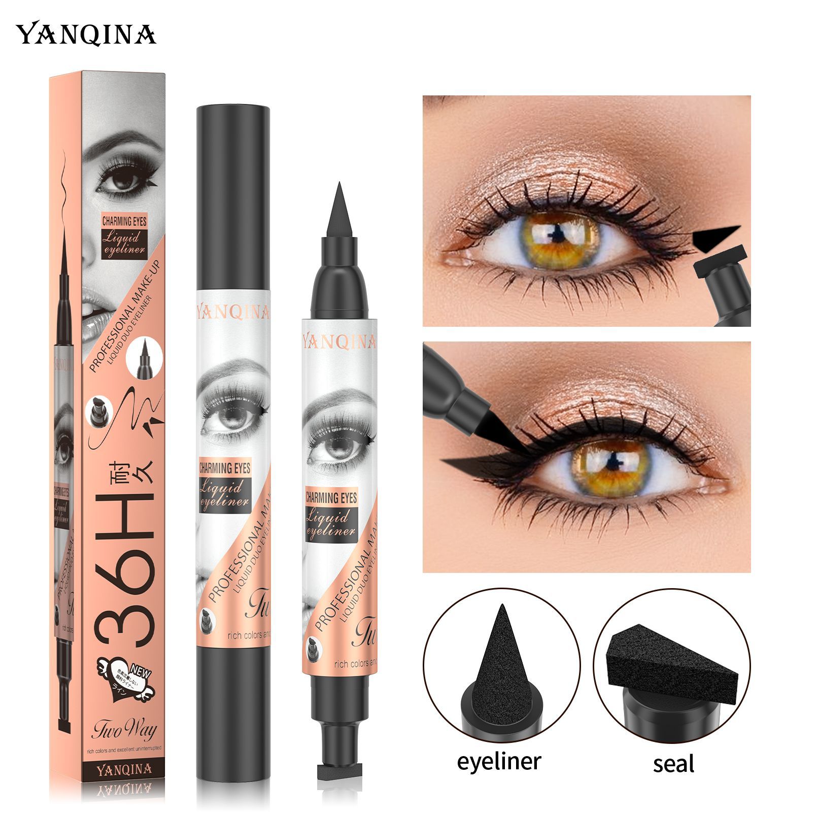 New YANQINA double-headed triangular seal eyeliner non-smudge waterproof Stamp eyeliner for cross-border use details Picture