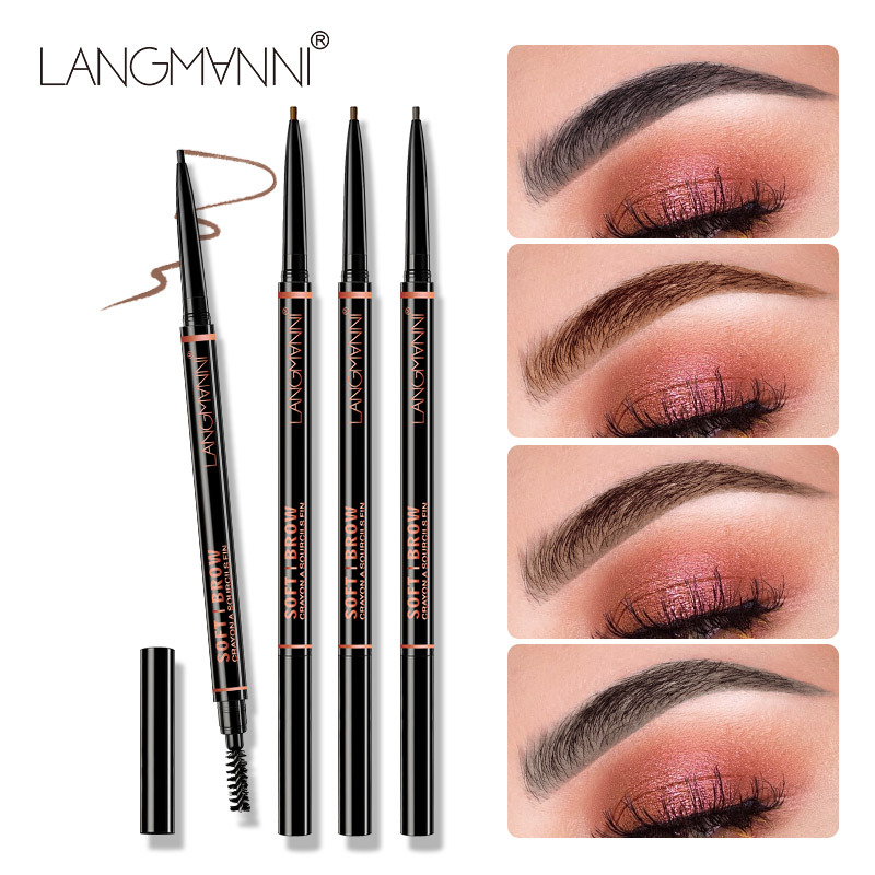 Langmanni dual-head rotatable eyebrow pencil, 1.5mm fine wild eyebrow pencil with eyebrow brush for easy coloring full figure
