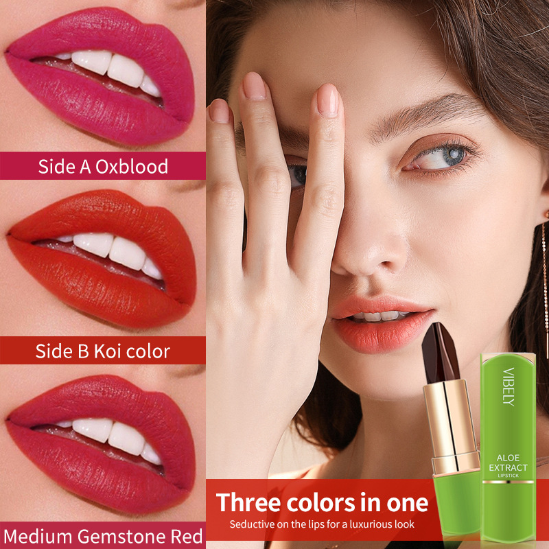 VIBELY's best-selling three-color lipstick for foreign trade is a long-lasting three-color lipstick that is not prone to smudging or color change full figure