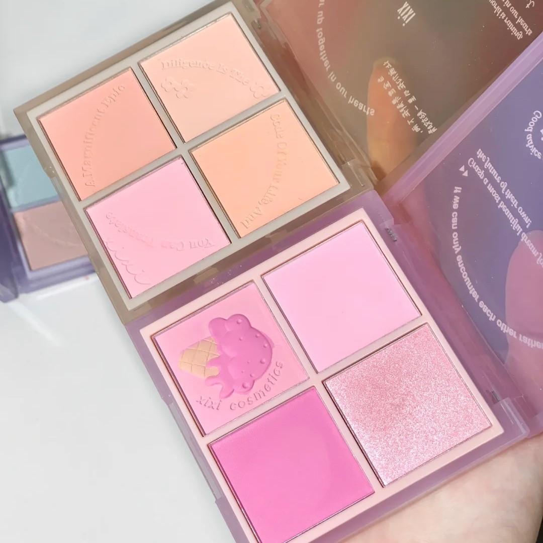 xixi heads to sunset. Four-color blush for contouring and brightening, daily whitening, energetic girl. Peach matte blush makeup full figure