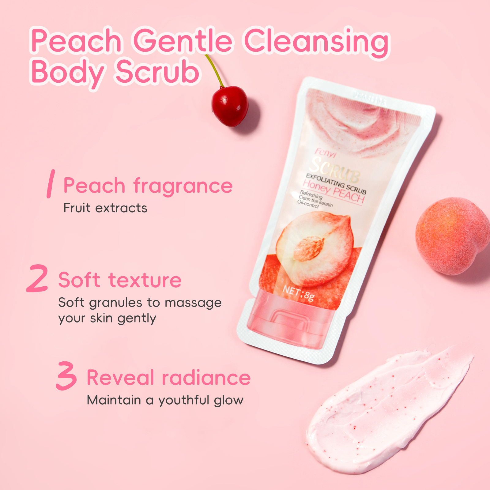 Fenyi Peach Light Sensation Body Scrub 8g Body and Face Cleansing, Pore and Exfoliating Skin Care Product wholesale Application Scenario