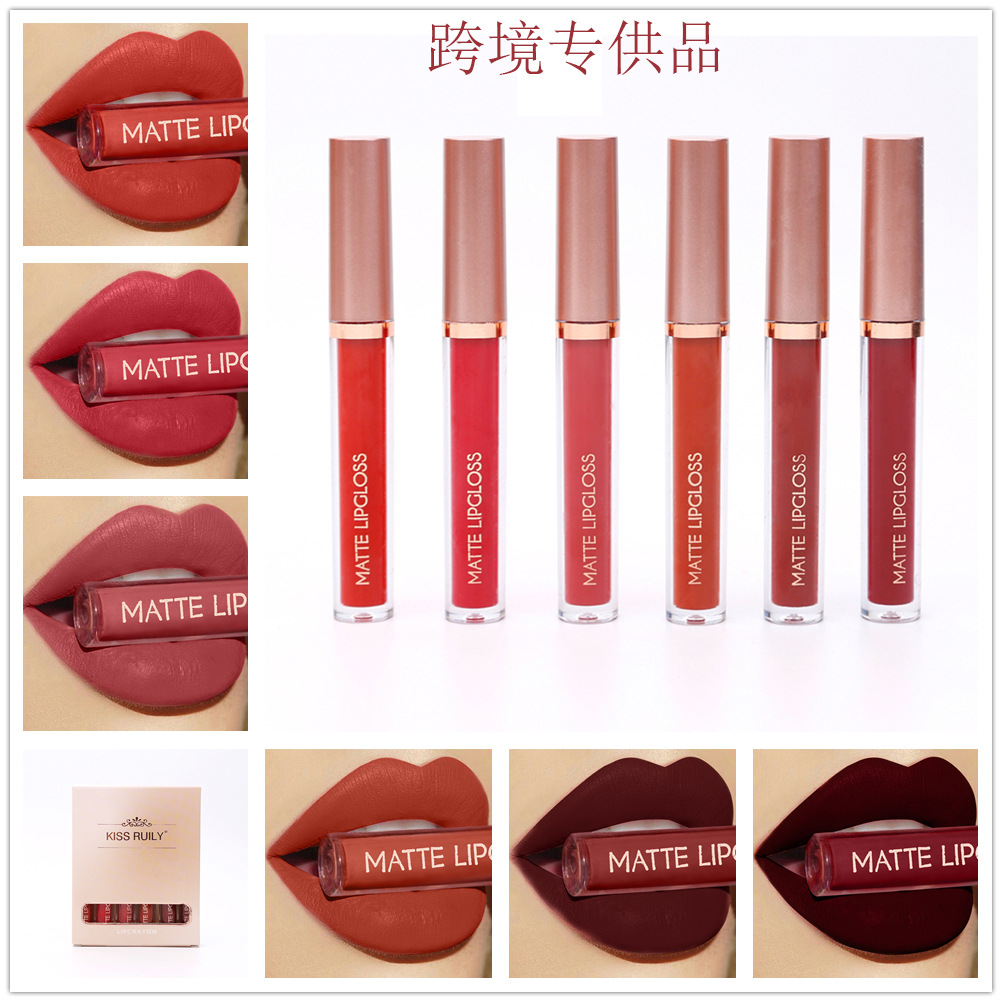 6-piece red matte lipstick set, liquid lipstick, waterproof, non-stick cup, lip gloss, velvet lip gloss, cross-border full figure